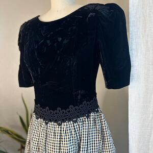 Lanz Originals Women’s 6 Black Velvet Gingham Party Dress 80s Midi